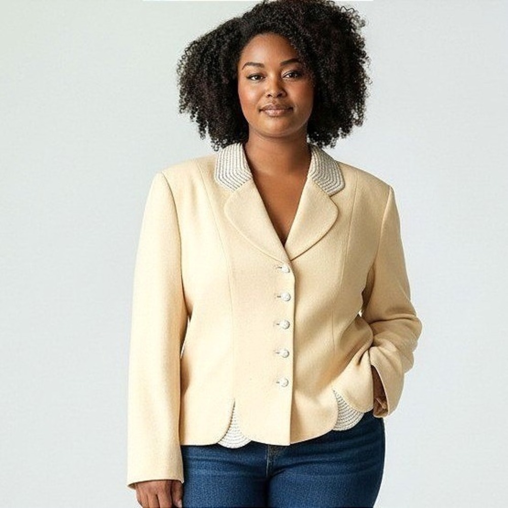 Vintage Kaspar ASL Yellow Blazer Sequin Trim Pearl Buttons Women‎ 14 Jacket